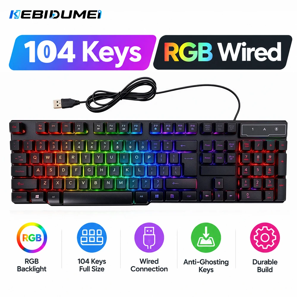 Teclado Gamer KEBIDUMEI RGB Colorido, Teclado USB com Fio, 104 Teclas, Teclado Mecânico com Sensação Padrão para Computador Portátil Windows
