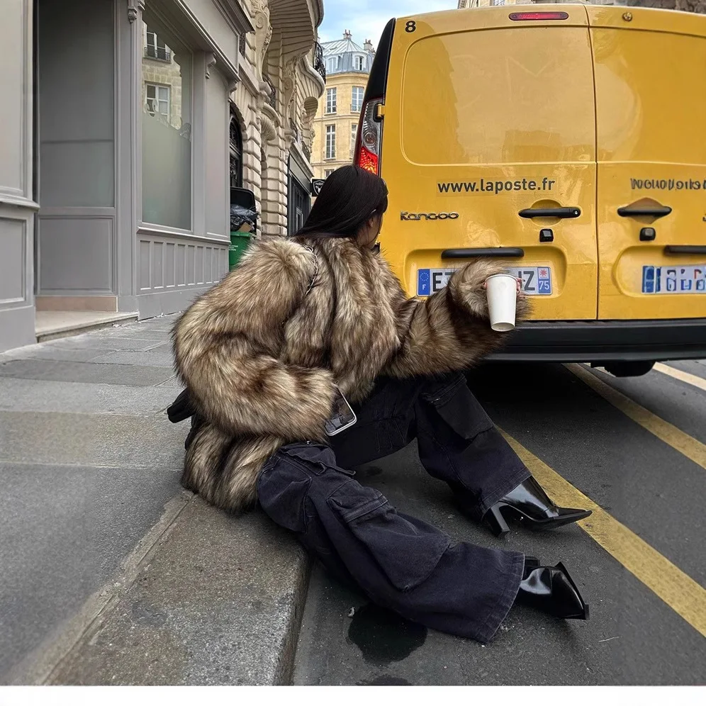 المتضخم الخريف الشتاء المرأة معطف الفرو البيئي رقيق التلبيب طوق الإناث فو الفراء سترة فاخرة الاصطناعي سيدة الفراء سترة معطف #4