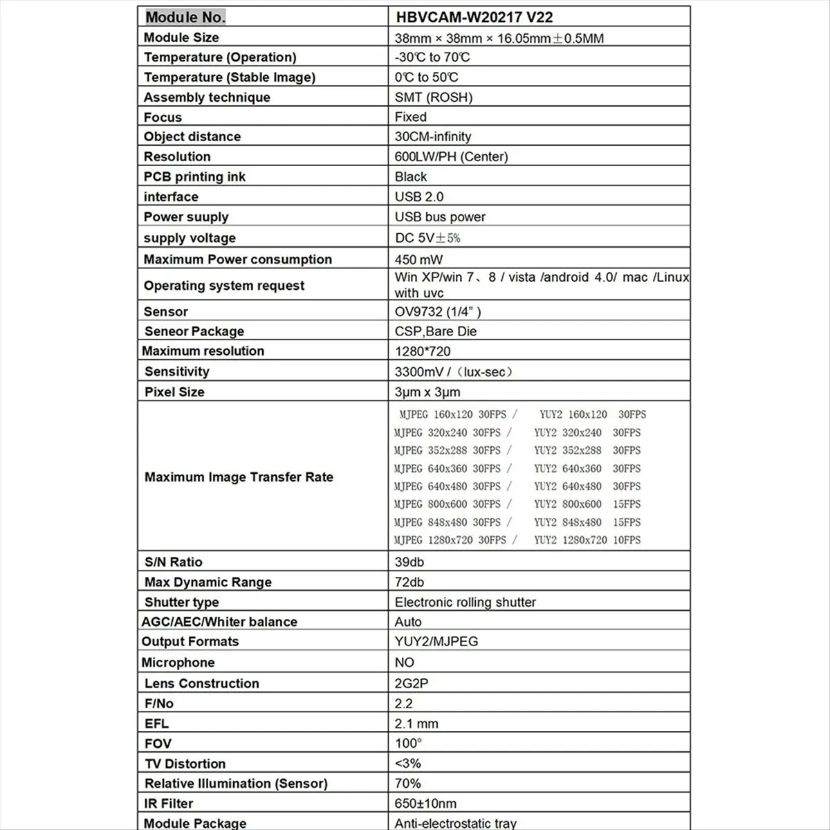 N05R OV9732 1MP HD 720P 100degree USB Camera Module for Autodarts Scoring System and ATM Machine