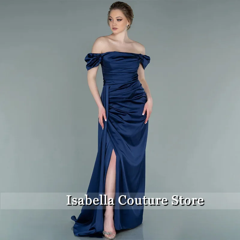 Navy Blue Wedding Guest Dresses for Women Off the Shoulder Column Bridesmaid Gowns Long Criss Cross Split Satin Evening Dress