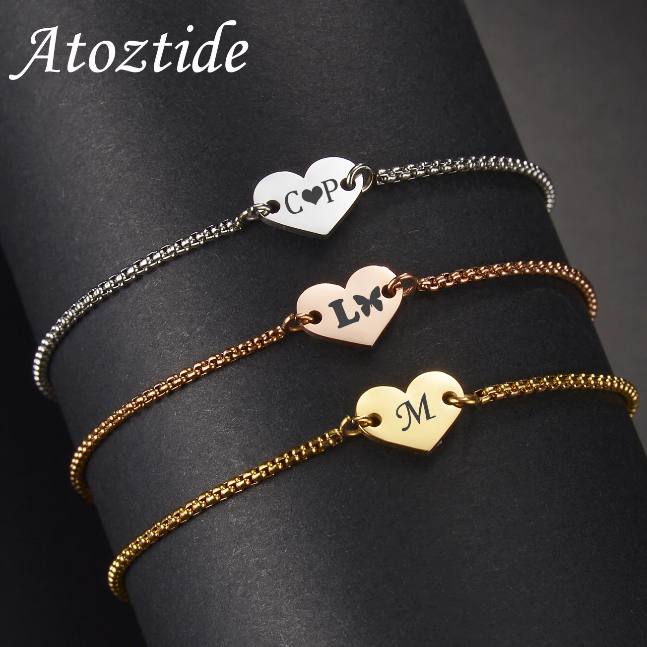 

Atoztide Personalized Engrave Heart Name Date Bracelet Stainless Steel For Men Women Adjustable Link Chain Bangles Jewelry Gift