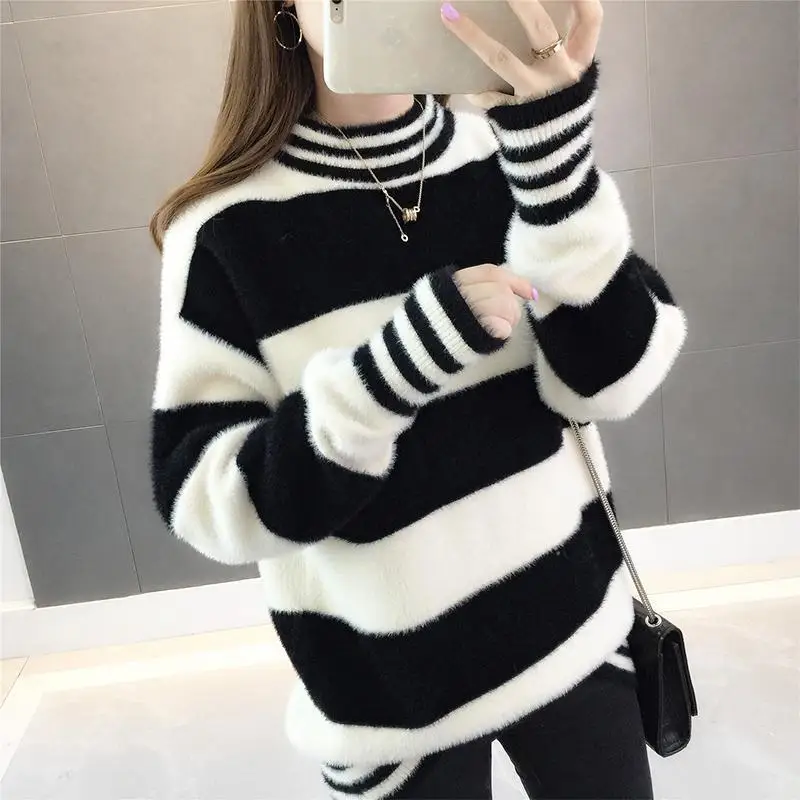 

Thiened Warmth Women's Pullover Sweater Fake Fur Loose Striped Base irt f High Collar Autumn Winter Knittedwear