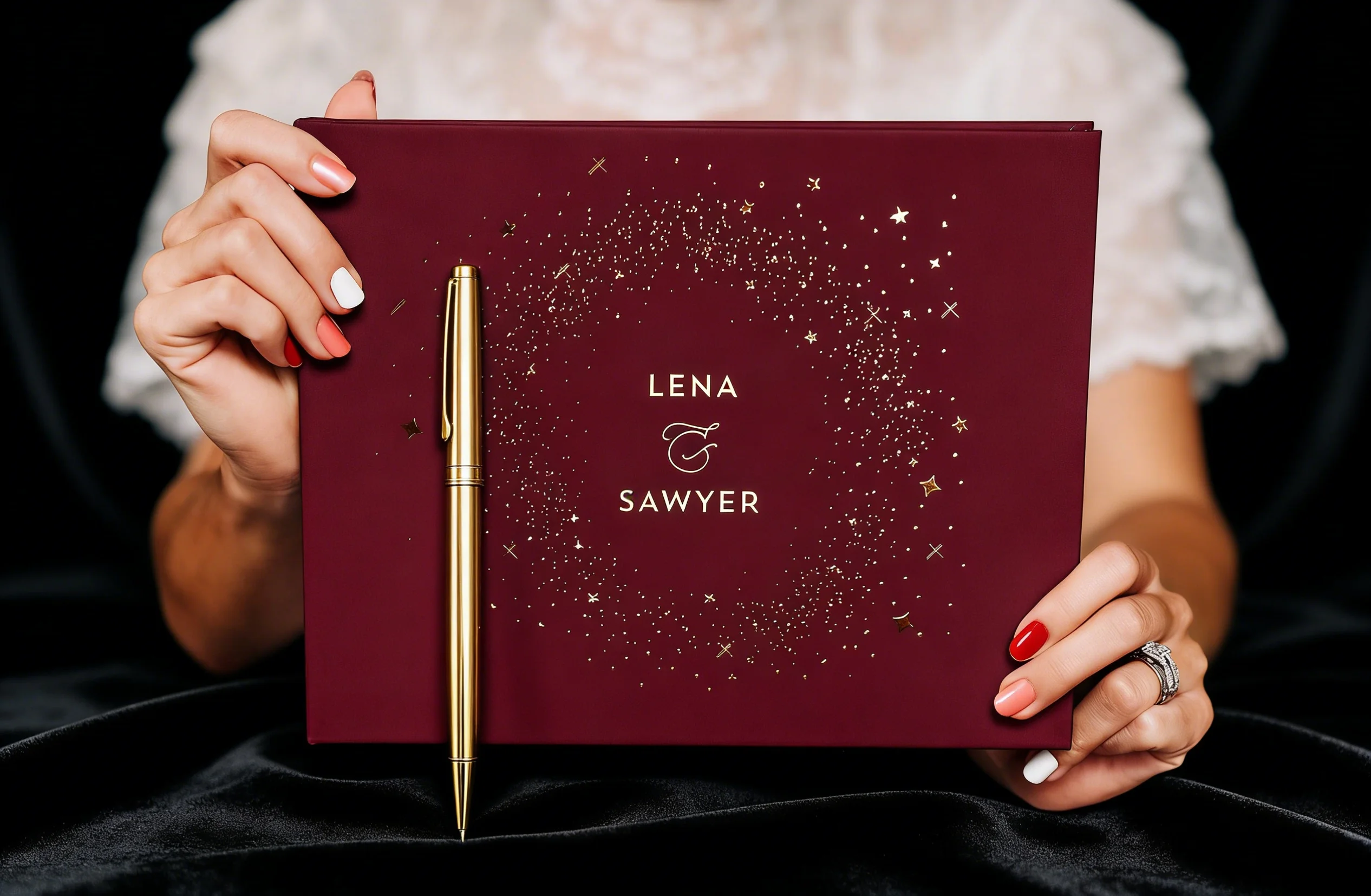 

Книга для гостей на свадьбу «Звездная ночь» | Черно-золотая фольгированная обложка на заказ | Сувенир для свадебной вечеринки в стиле бохо-астроологии