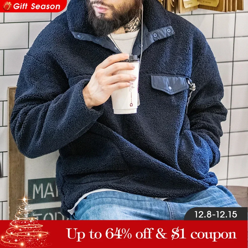 Maden Casual Half-breasted Fleece Hoodies for Men Stand-up Collar Solid Color Sweatshirt Autumn Urban Outdoor Warm Pullover