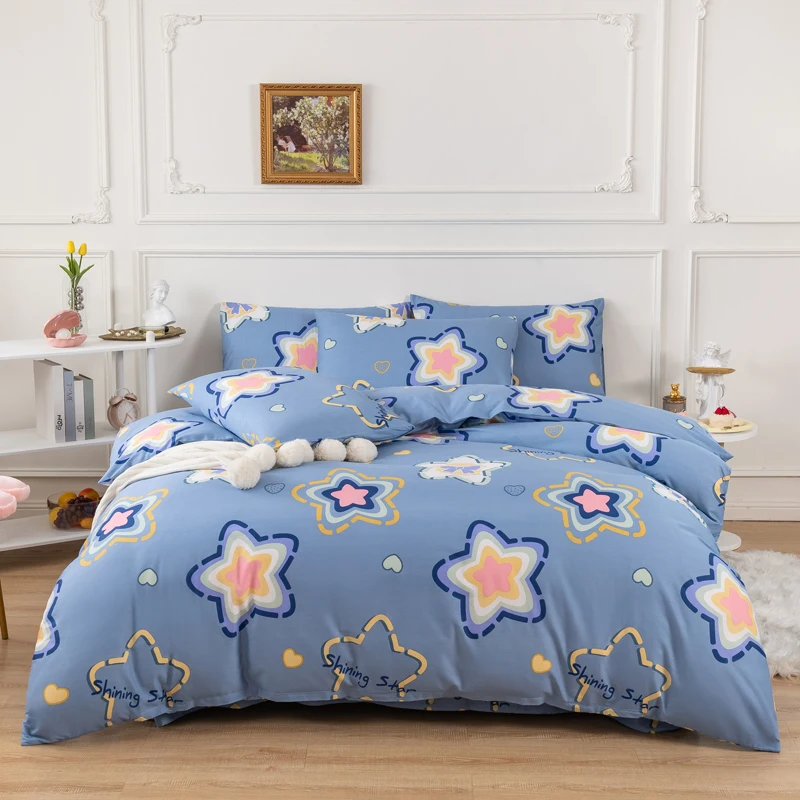 Kawaii Star Duvet Cover Cartoon Bedding Set Cotton Reversible Comforter Cover with 2 Pillowcase Romantic Love Heart Quilt Cover