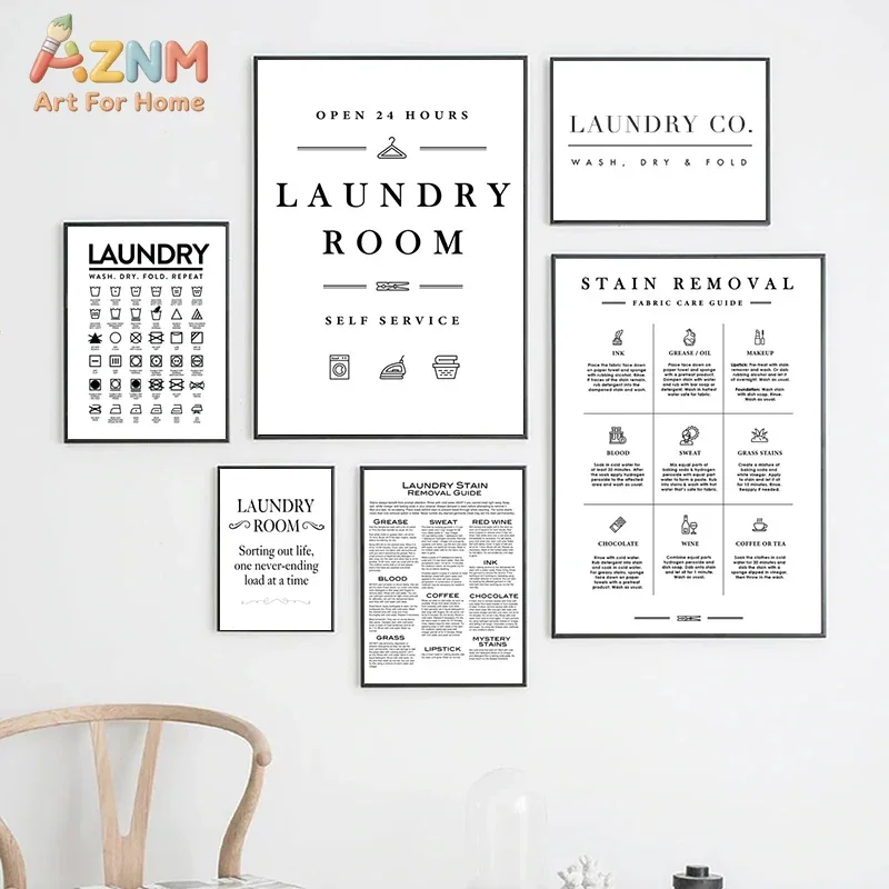 AZNM Laundry Room Quote Canvas Wall Art, Black White Typography Stain Removal Guide Print, Modern Farmhouse Laundry Sign Poster,