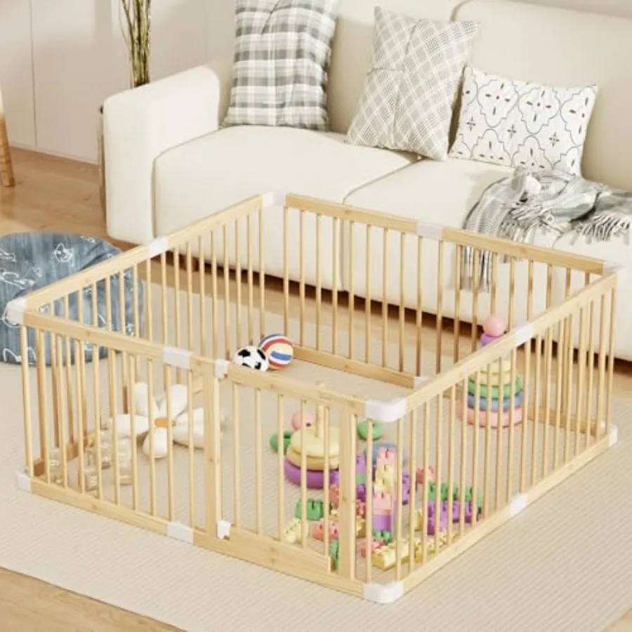 

Large Wooden Baby Playpen Adjustable Gate for Toddler and Babies Sturdy Fence Baby Play Yard with Door Portable Safe Play Area