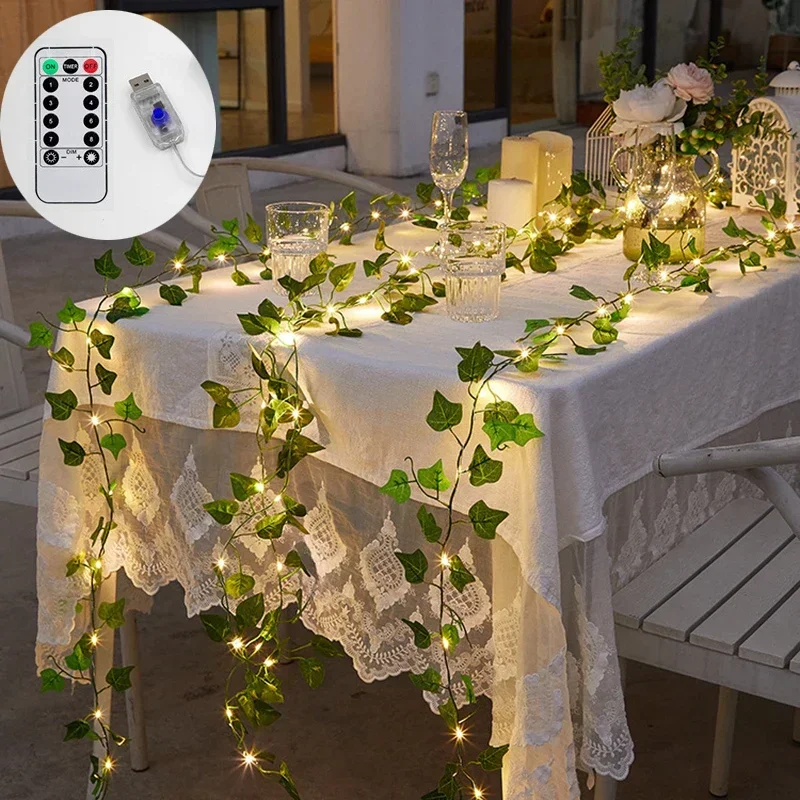 3x2M Flower Green Leaf String Lights Artificial Vine Fairy Lights 8 Modes Remote Control Christmas Tree Garland Light Home Decor
