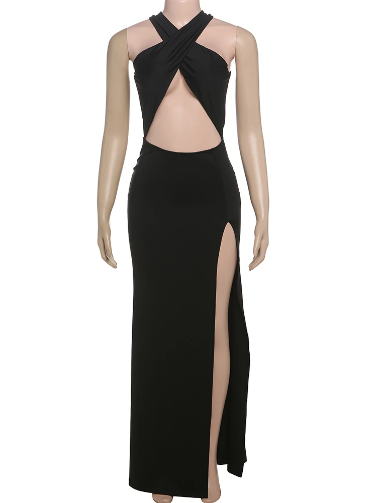Nibber High Splits Maxi Dress Women Sexy Backless Irregular Hollow Cross Knot Skinny Midnight Prom Party Temperament Outfits