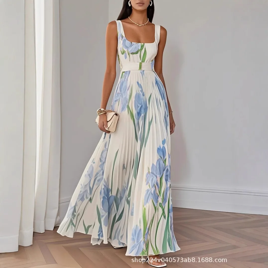 

2025 Summer New Women's Fashion Suspender Digital Printing Pleated Floral Waist Maxi Dress Long Dresses for Women