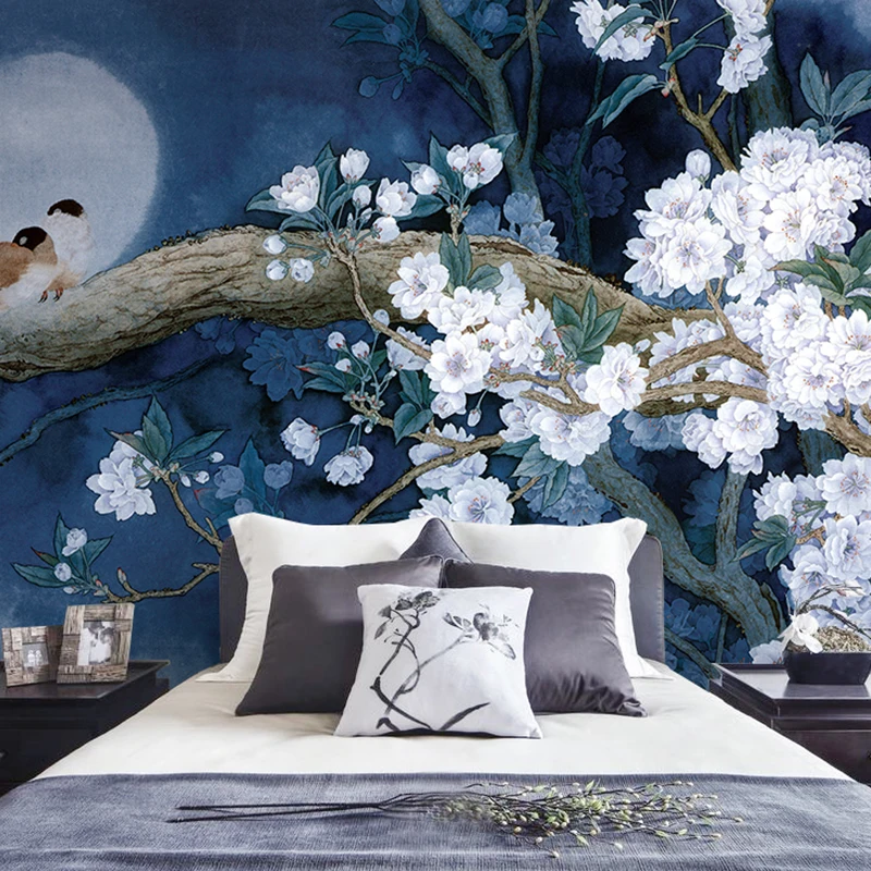 Customized wallpaper 3D new Chinese style meticulous flower and bird murals, study and living room hand painted retro background