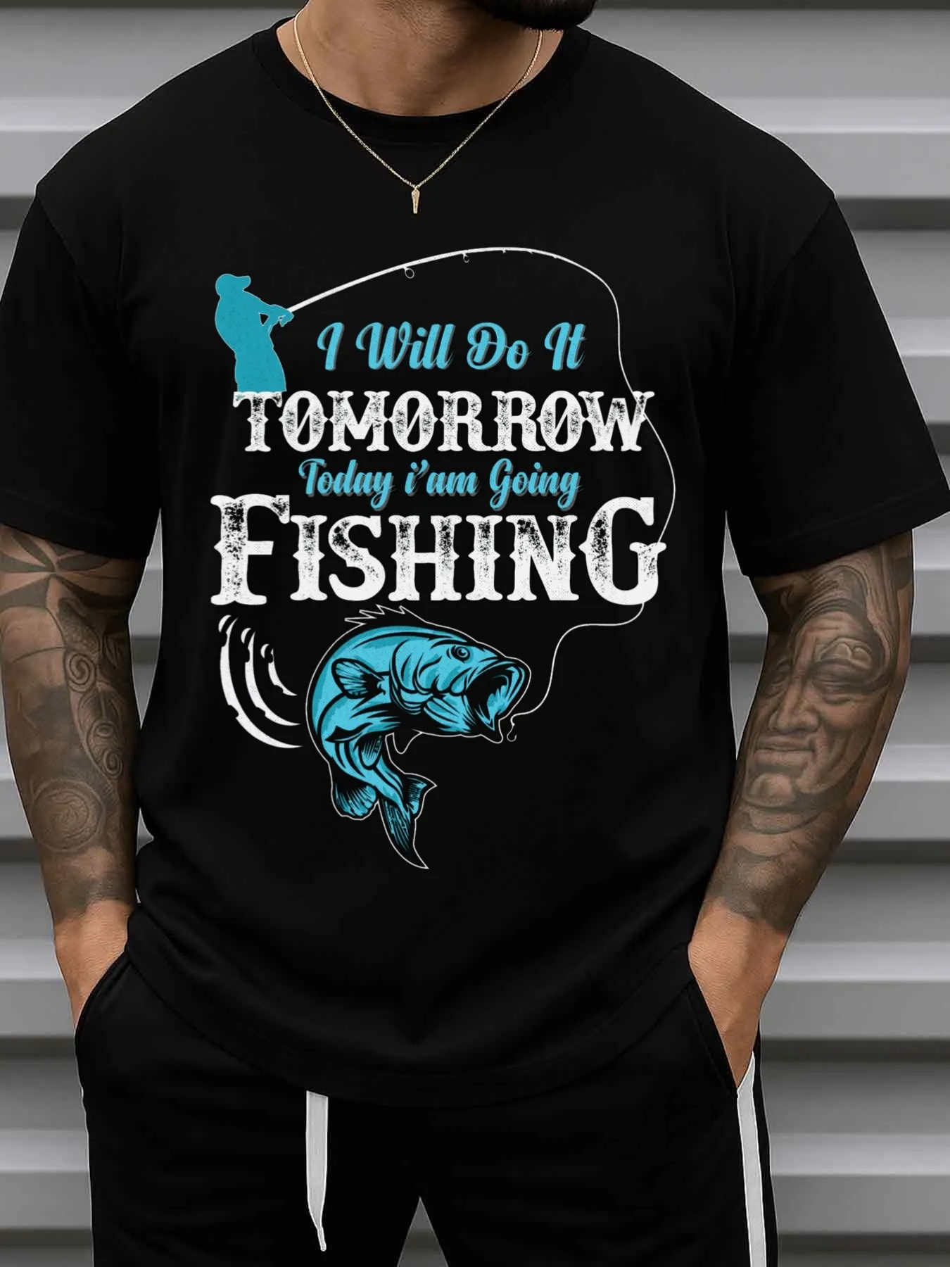 Men's Fun Fishing Pattern T-Shirt 180g Heavyweight - Tomorrow I'Ll Be Doing It, Today I'M Fishing Slogan and Fish Design, Casual Round Neck Short Sleeve T-Shirt, Suitable for Outdoor Fishing Trips, Comfortable for All Seasons, Ideal Gift for Fishing Enthusiasts (Black)