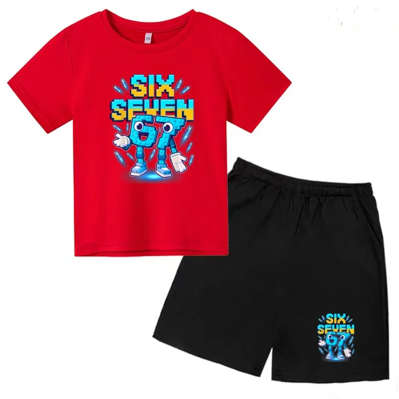 

Children Summer Cartoon 67 T-shirt Six Seven Number Short-sleeved+Shorts Two-piece Set Boy Girl Toddler Kawai Casual Fashion Set
