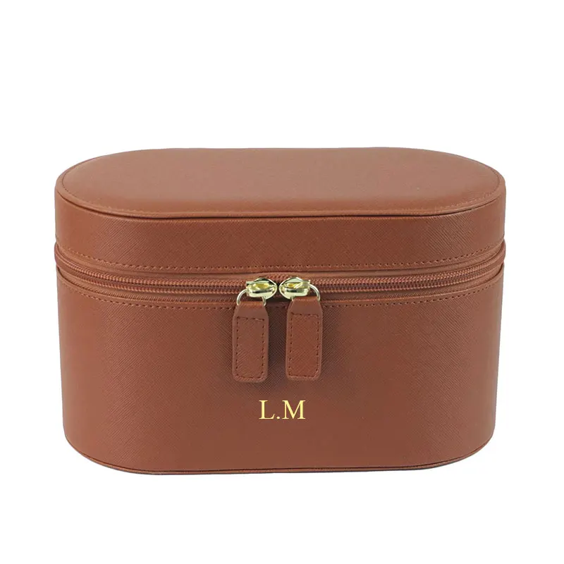 Neceser de viaje de cuero dividido Saffiano con nombre personalizable para mujer, organizador de maquillaje, Kit Dopp, juego de bolsas de cosméticos