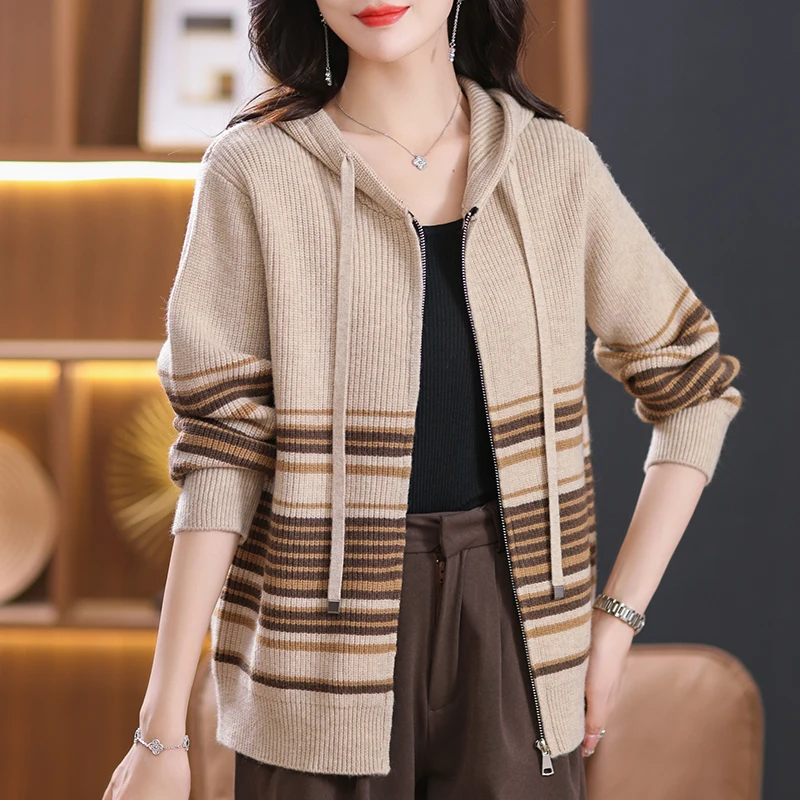 

Women's Coat With Hooded Autumn Winter Outwears Long Sleeve Stripe Knitwears Zipper Jacket Woman
