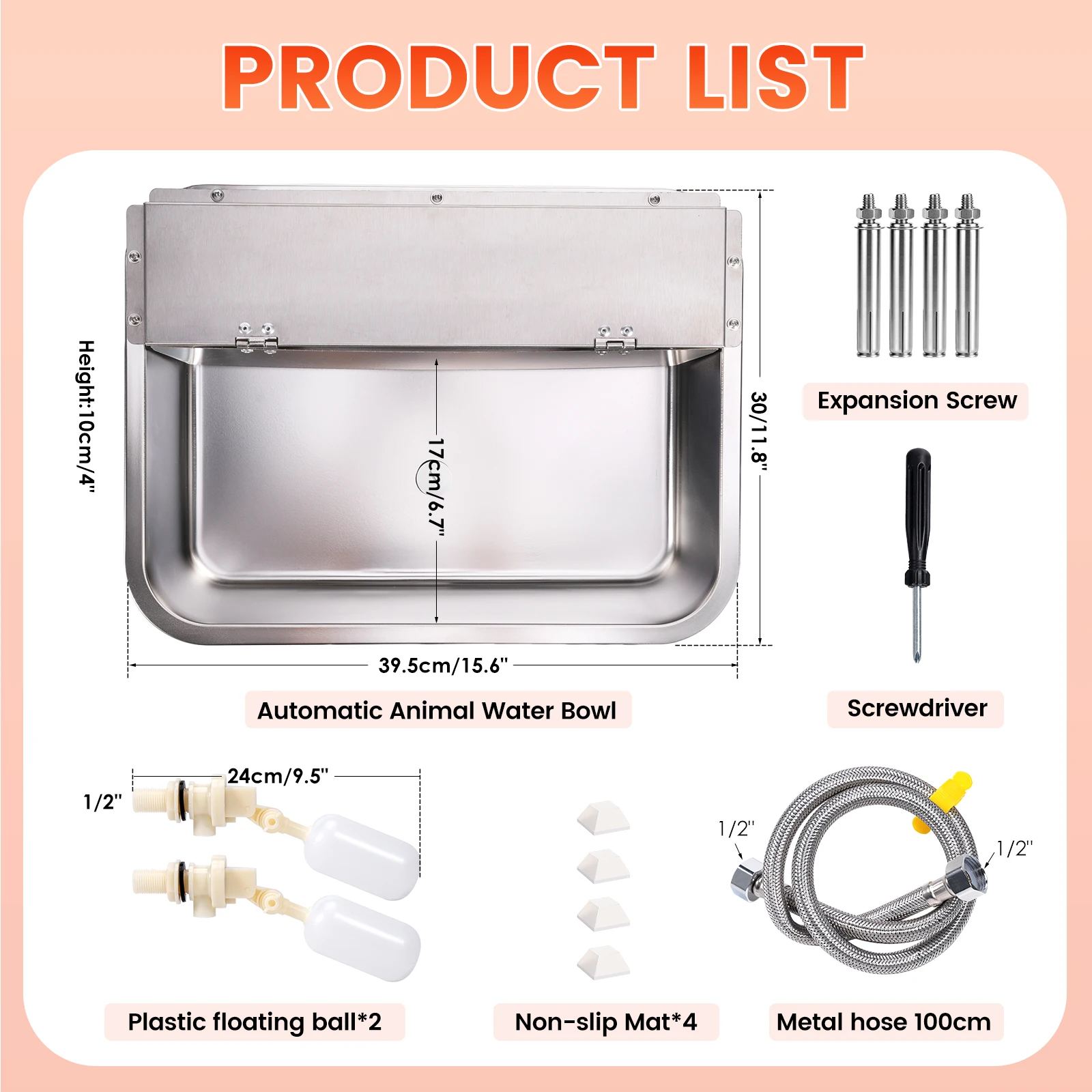 Stainless Steel Wall Mount Auto Fill Dog Water Bowl Automatic Float Valve Pet Water Trough with Flip Cover Large Capacity 11L
