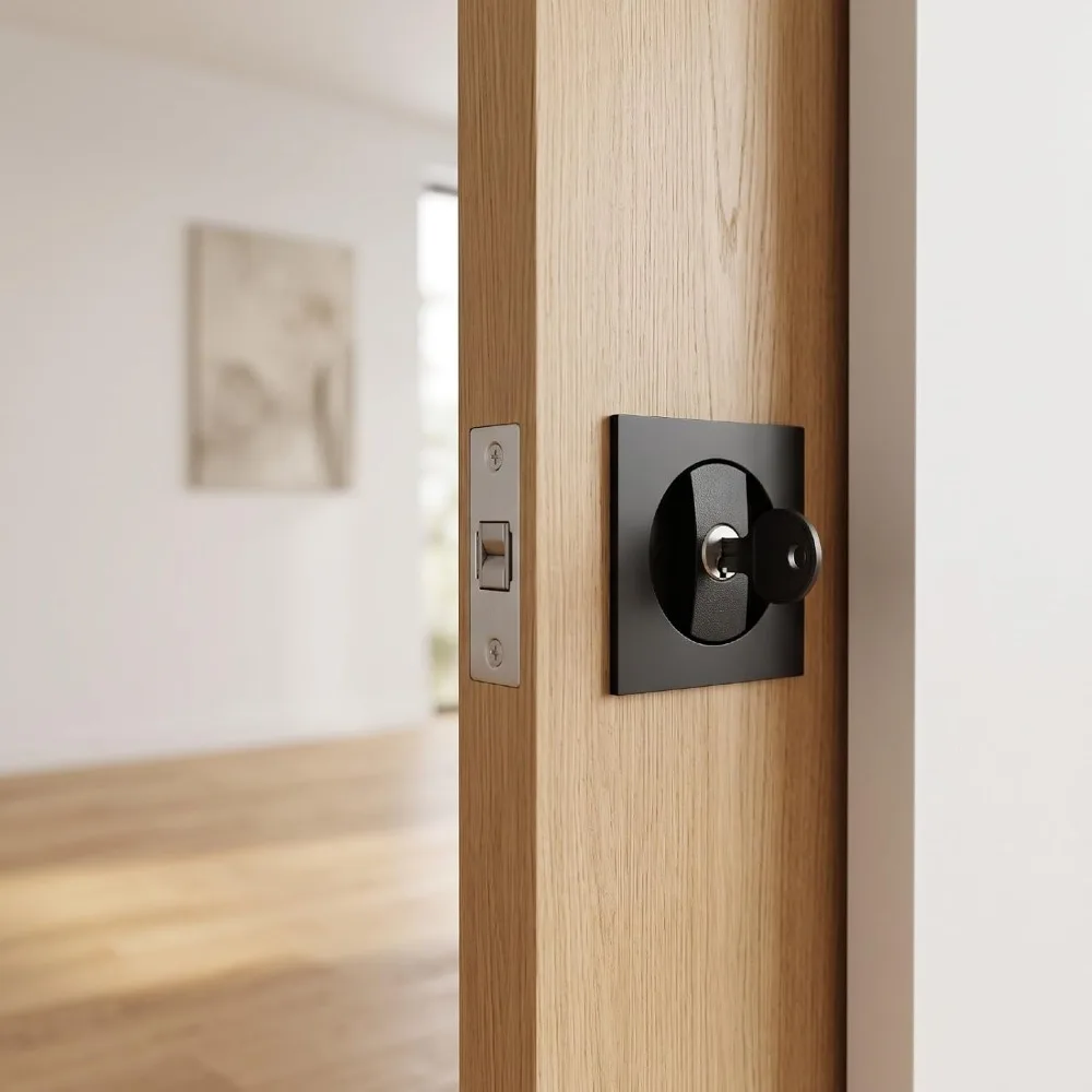 1 set Stainless Steel Pocket Door Lock With Key Matte Black Finish Privacy Entry Lock Rust Resistant Door Latch Kit Kitchen Use