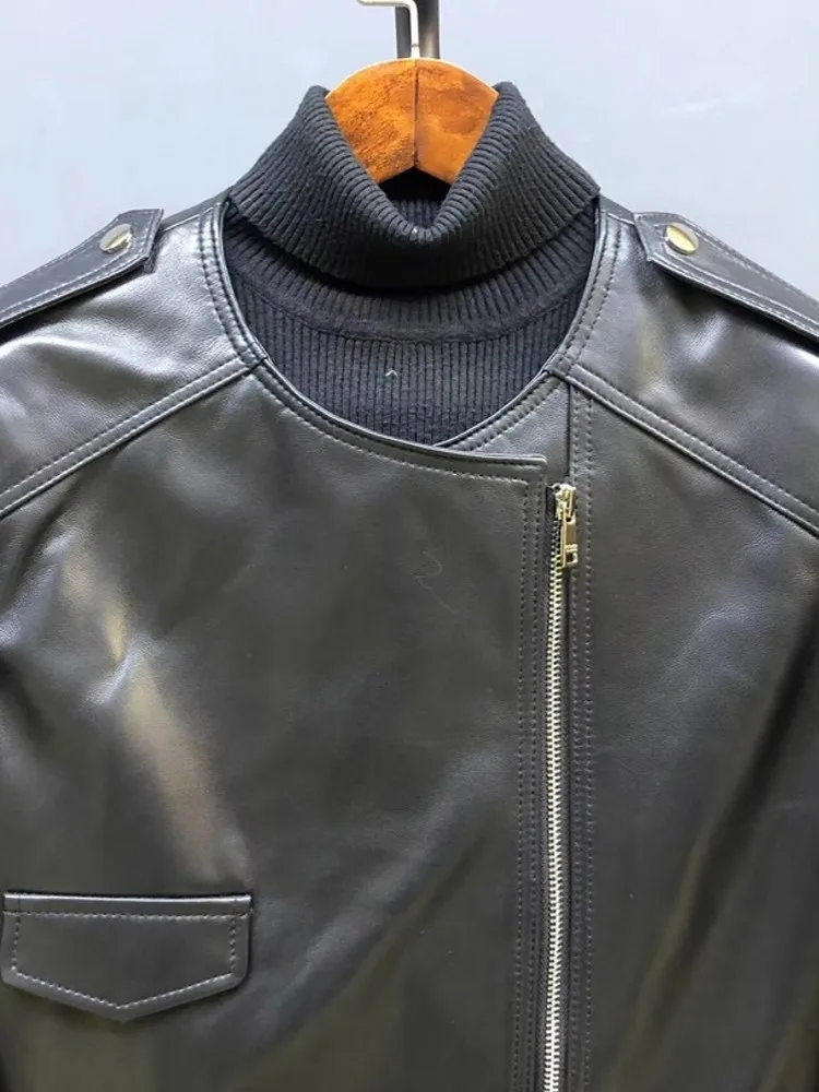 Herbst Frauen Motorrad Biker Weiche Schaffell Echtes Leder Jacke Zipper O Neck Arbeit Cargo Jacke Mode Winddicht Punk Mäntel