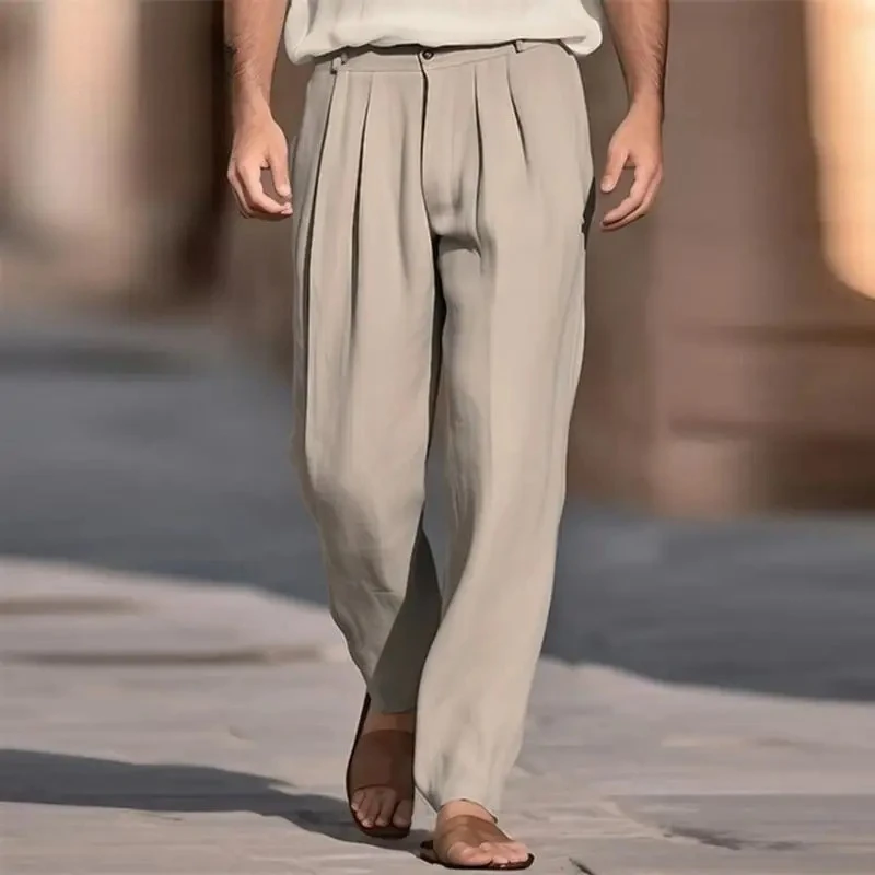 

Casual Breathable Solid Color Linen Trousers Men Spring Summer Daily Leisure Loose Straight Pants for Mens Fashion Pleated Pants