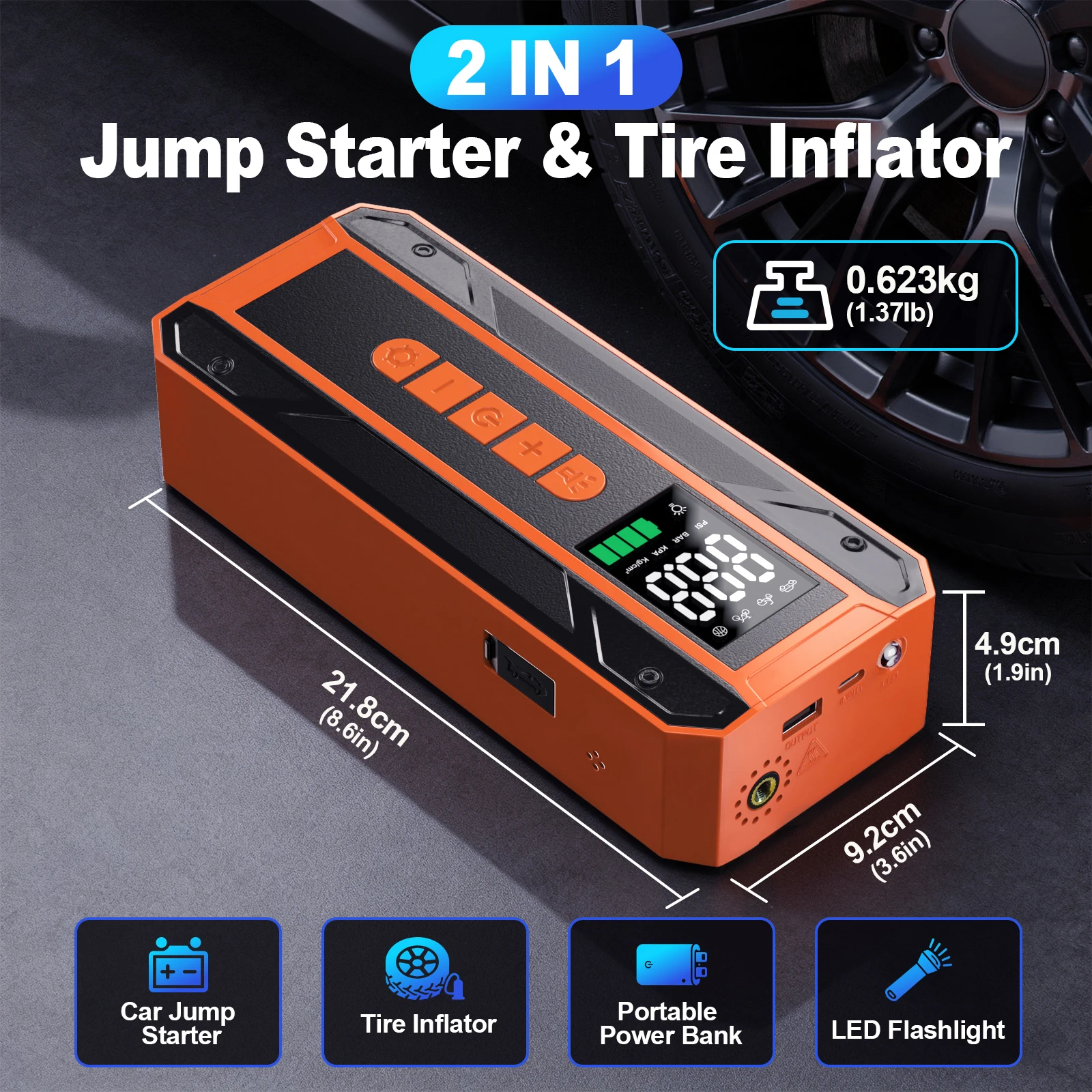 Car Jumper Starter Portable Battery Pack with 150PSI Tire Inflator, Jump Starter with Air Compressor,12V Jump Box for Car Charger Battery Booster with LCD Display, 3-Mode Emergency Flashlight