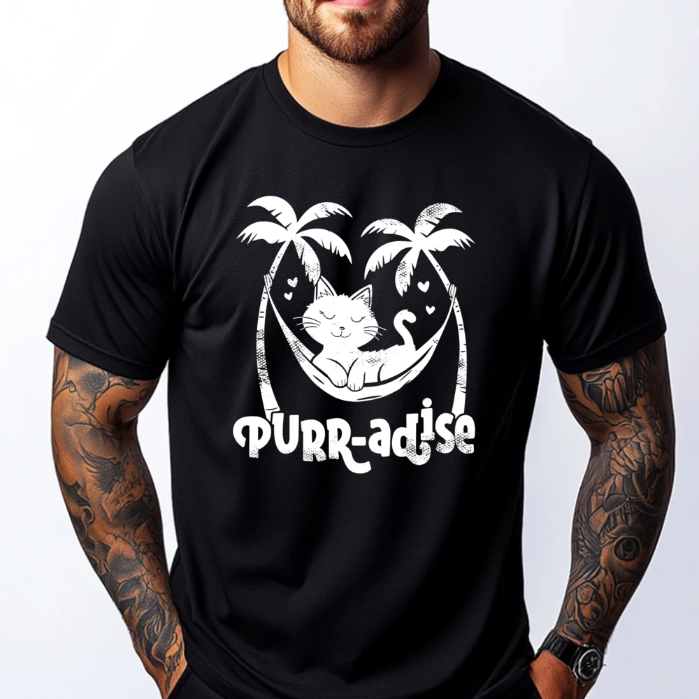 

Purr Dise Cute Cat In Hammock Blank T Shirt 100℅ Cotton Mens Gifts T Shirt Gift Graphic Cotton Short Sleeve