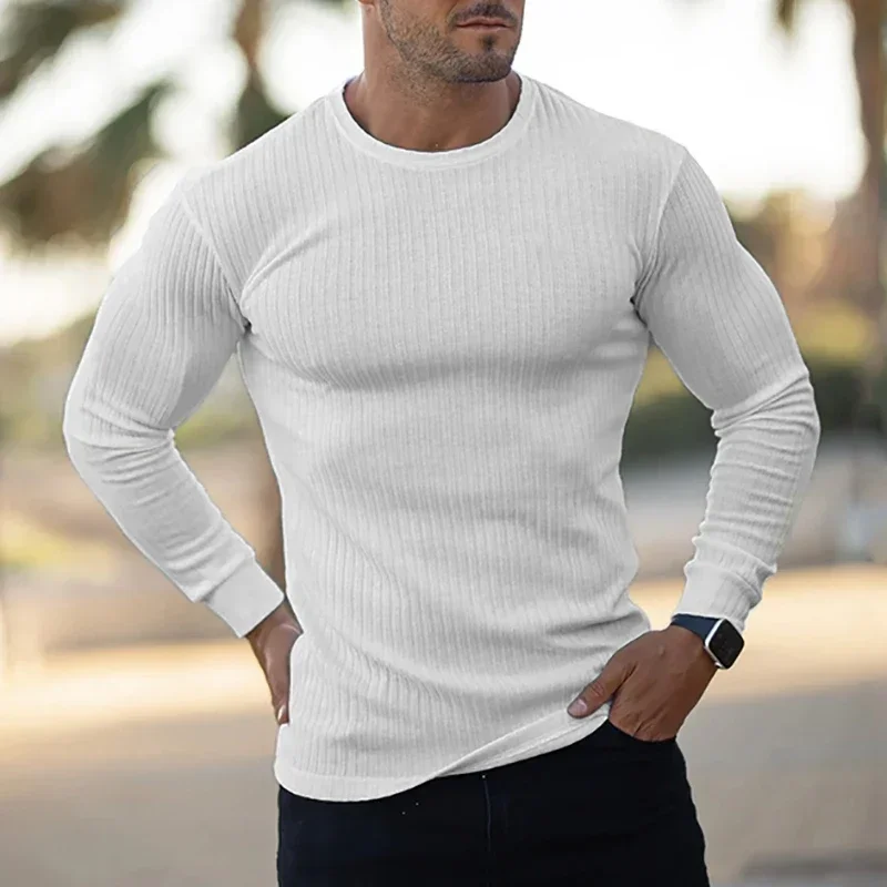 Spring Autumn Knitted Exercise Long Sleeved T-shirts Mens Round Neck Slim Fit Running Casual Gym Training Sports Tees Shirt