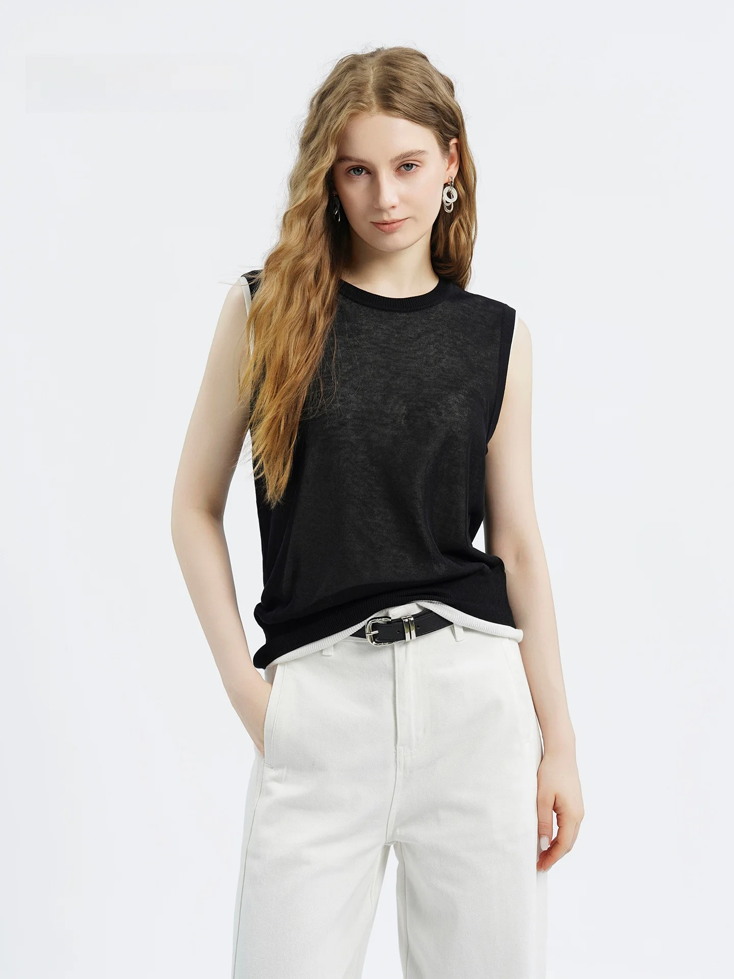 

Женский трикотажный топ Ele Cotton Knitwear с круглым вырезом, имитация двухслойности, модный, универсальный, стройнящий силуэт