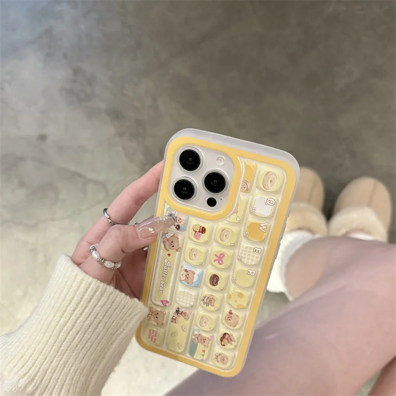 Small and innovative 3D keyboard with yellow cute little bear button phone case for iPhone 12 13 14 15 16 pro max