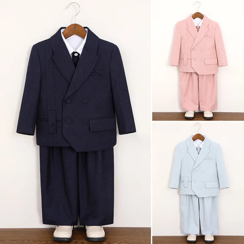 Boys Trendy Blazer Suit Set Pink Blue Double Breasted Loose Jacket Trousers Formal Kids Birthday Party Performance Wear 2-12Y