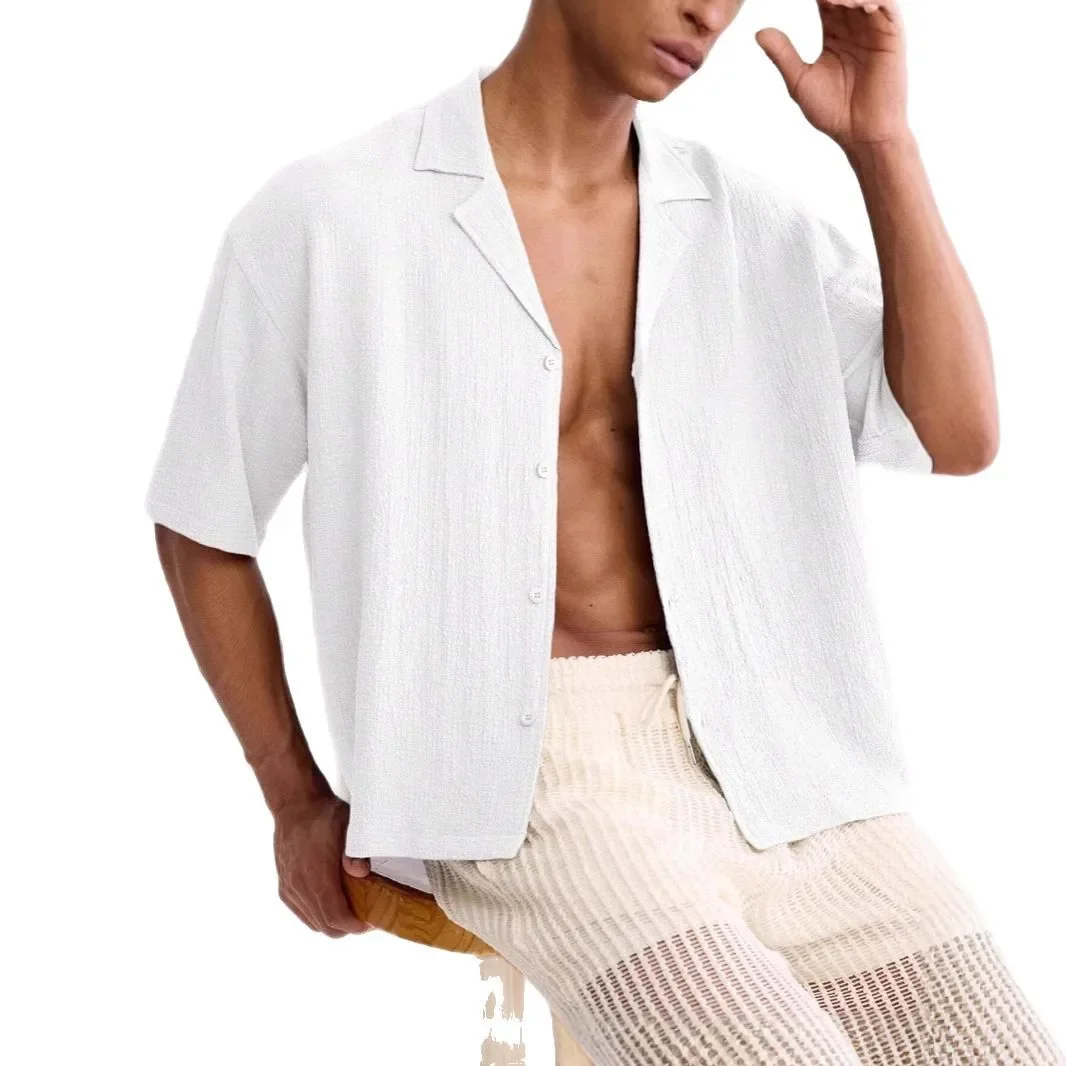 

New 2025 Men's Loose Fit Short Sleeve Pure Color Shirt Trendy Turn-down Collar Summer Casual Wear
