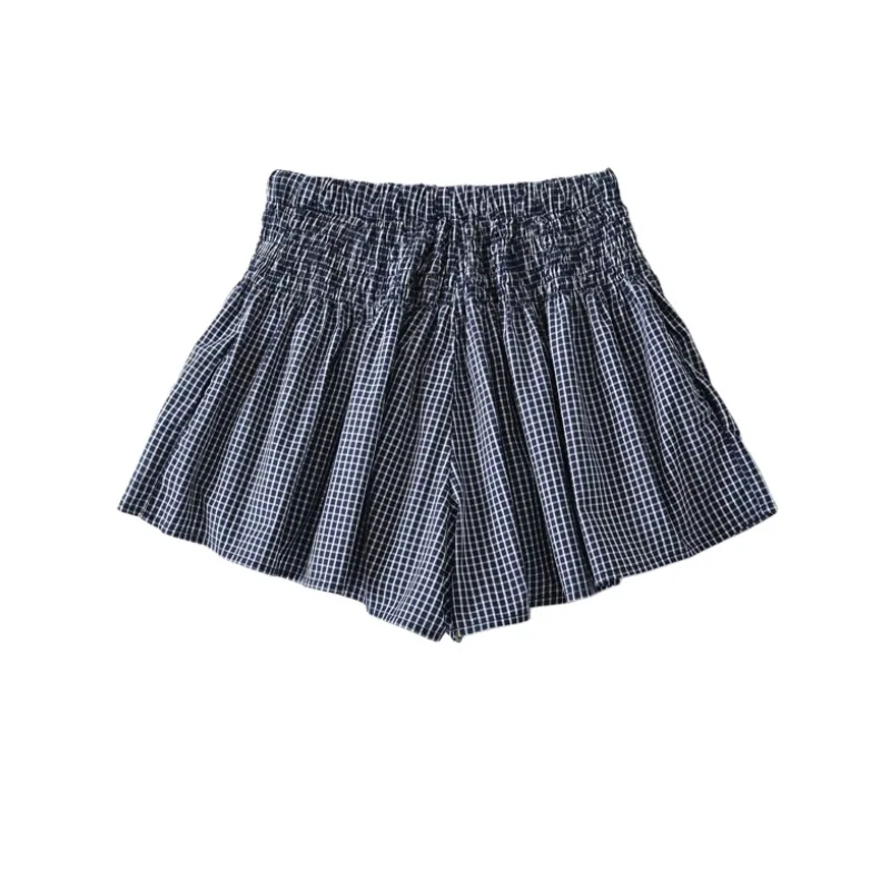 Korean Women's Casual Shorts With Elastic Waist And Drawstring Pleated Plaid A-line Wide-leg Hot Pants For Trendy Girls EHL7