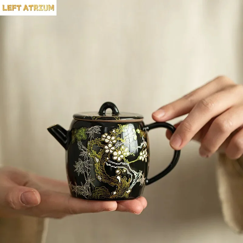 

130ml Handmade Filigree Black Glazed Pine Bamboo Plum Teapot Zen Tea Infuser Pot Tea Brewing Kettle With Strainer Tea Services