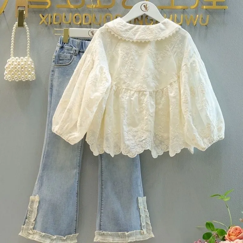 Ragazze autunno Set pizzo bambola collo camicia Jeans due pezzi Set per bambini primavera ragazza vestiti abbigliamento Set 2024 vestiti per bambini