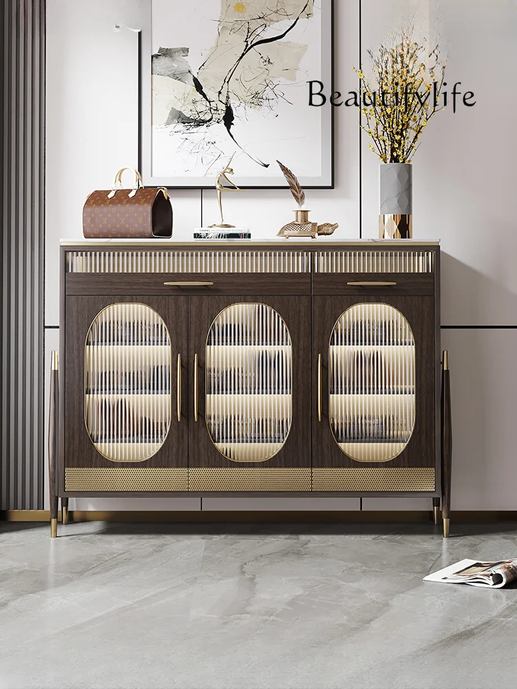 Italian Affordable Luxury Style Solid Wood Shoe Cabinet Home Doorway Modern Minimalist Marble Glass Entrance Cabinet