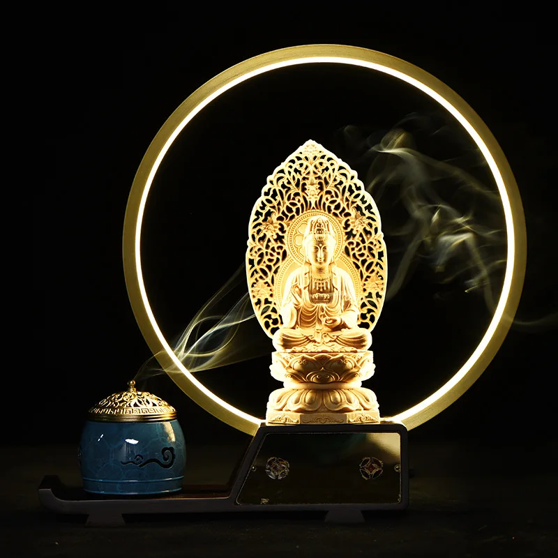 Buddha statue such as Buddha Lotus Guanyin Atmosphere lamp Pure copper home incense burner creative ornaments with audio