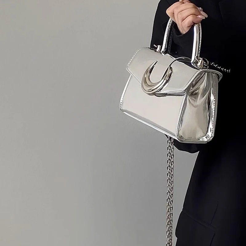 HAEX Y2K Women Mini Handbags Fashion INS New Lacquer Leather Silver Crossbody Shoulder Bags Luxury Designer Chains Bolso Mujer