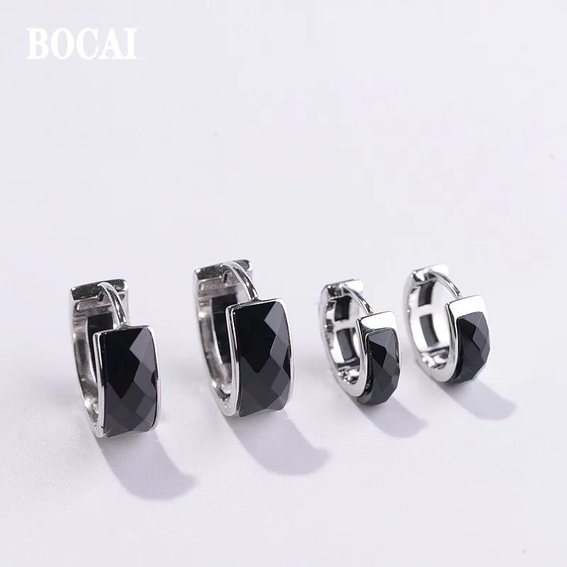 

Серьги BOCAI из настоящего серебра S925 пробы, модные, граненые, черного оникса, размер, версия для пары, мужские и женские ушные пряжки, подарок на день Святого Валентина