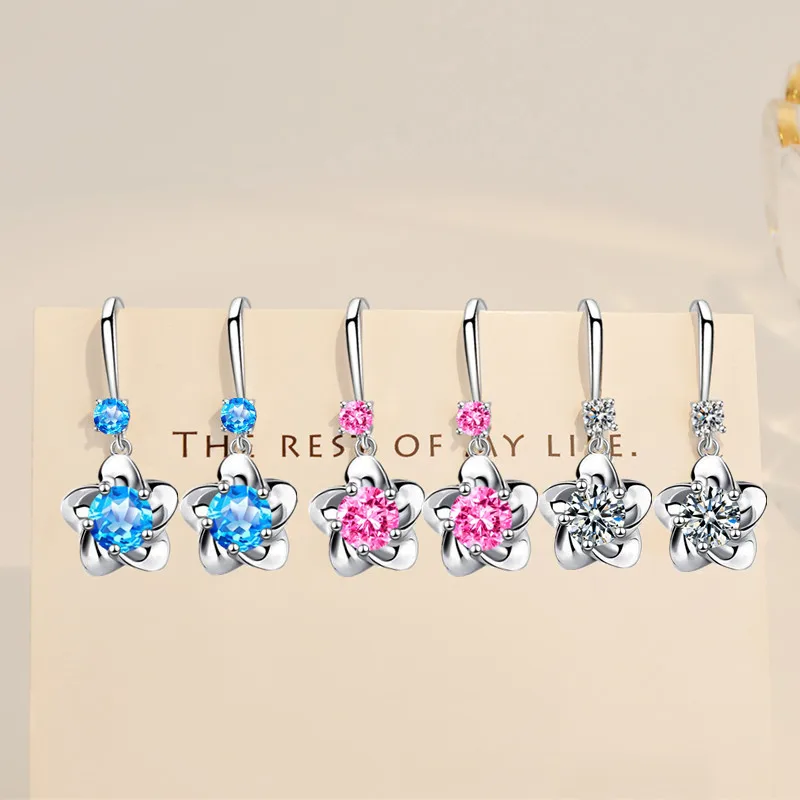 Silver 925 Hoop Earrings For Women Fine Jewelry Purple White Zircon Silver Sample 925 Clover Plum Cherry Blossom Flower Earrings image 6