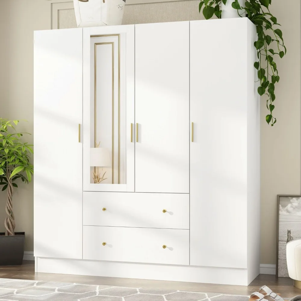 

4-Door Wardrobe Closet with Mirror, Armoires and Wardrobes with Drawers and Shelves, Closet with Hanging Rod, Wardrobes