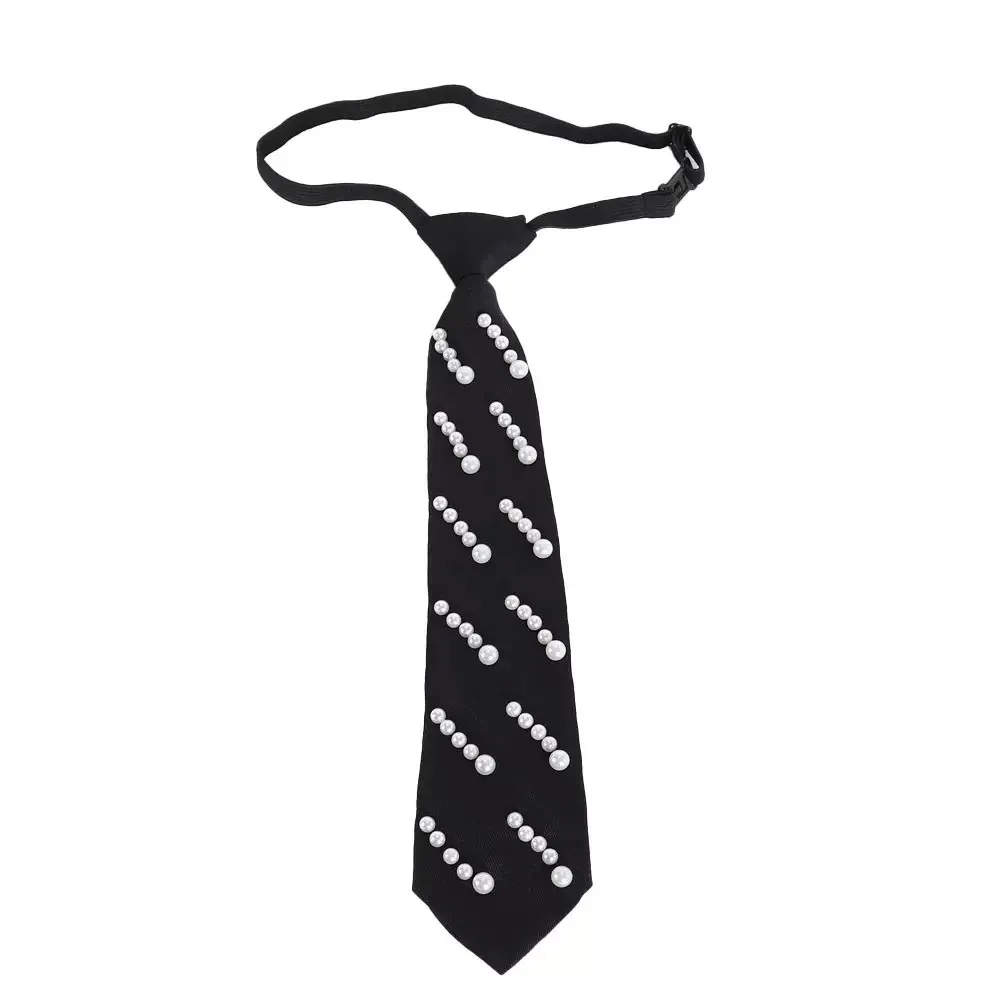 

Модный галстук с жемчугом и стразами в корейском академическом стиле, расшитый вручную, длинный, черный, для студентов, украшение для рубашки