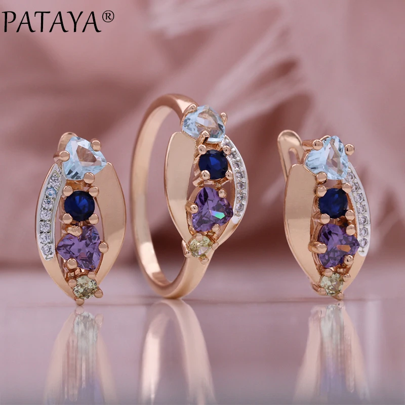 PATAYA Quality Trend Bride Wedding Earring Ring Sets Luxury 585 Rose Gold Color Natural Zircon Women\'s Fine Jewelry Set Gift