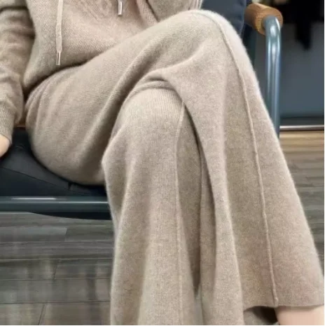 Women's Solid Color Wool Knitted Wide Leg Pants Autumn Winter Basic Soft Warm Cashmere Knit Trousers Casual Simple Style Korean