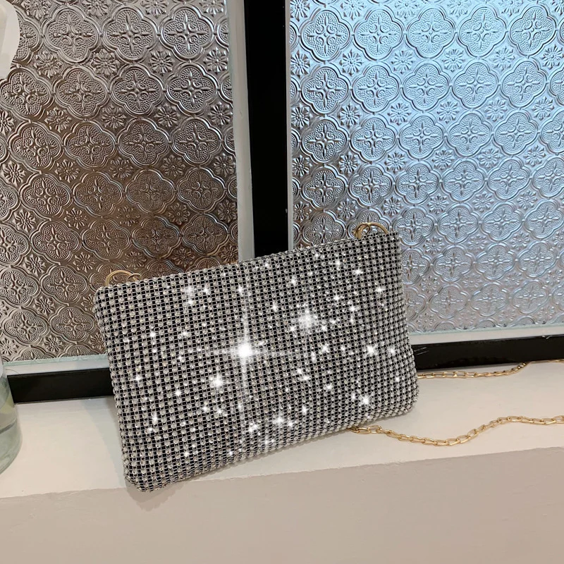 Bling Rhinestone Evening Clutch Bag Women Korean Diamond Chain Bag Dinner Party Handbag Purse Ladies Small Square Shoulder Bag