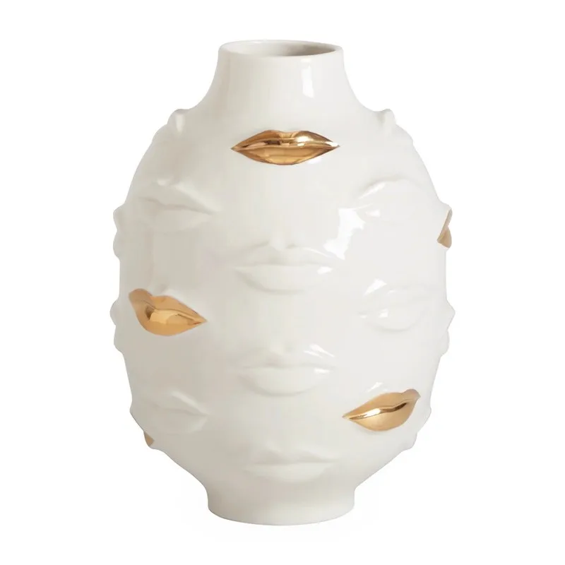 Designer Style Golden Lips Ceramic Round Vase Simple Morden Creative Home Decorative Item