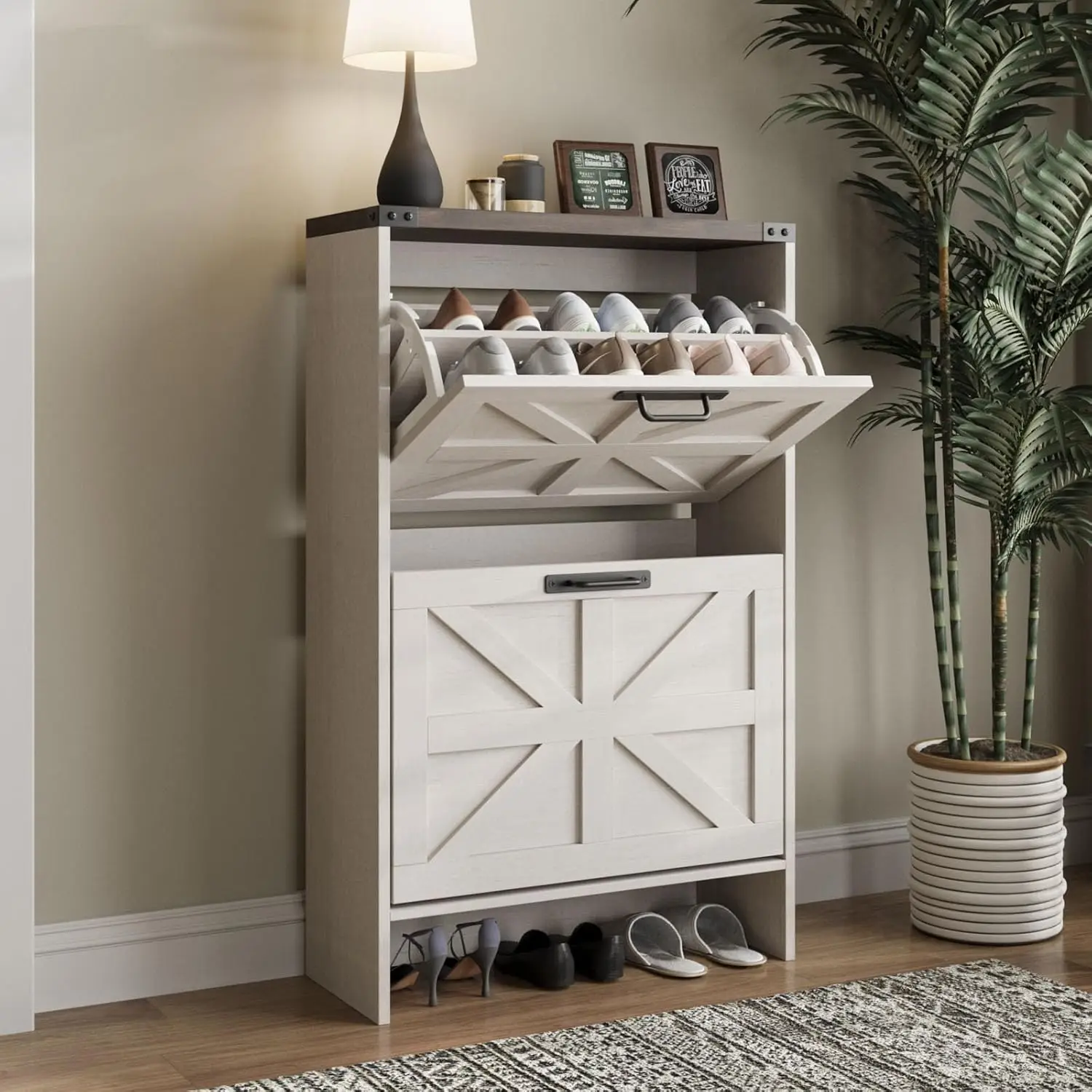 Entryway,Farmhouse Slim Shoe Cabinet with 2 Flip Drawers,Narrow Shoe Rack Cabinet for Entrance Hidden Shoes,White