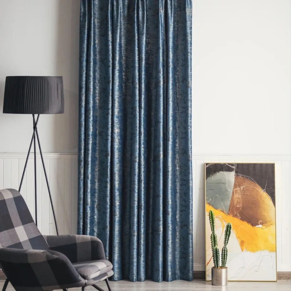 New High-end Modern Light Luxury Velvet Curtain Hot Stamping Dark Blue Curtains Finished Living Room Bay Window Shading