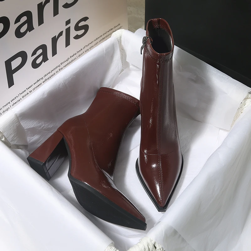 الشتاء براءات الاختراع والجلود النساء حذاء من الجلد موضة أشار تو الجوارب القصيرة ساحة عالية الكعب أحذية الحفلات مضخات #2