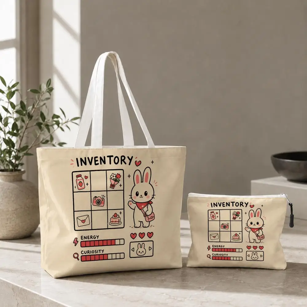 Cute Animal Game Inventory Storage Bags 2-Pcs Canvas Tote Bag with Zipper Reusable Tote Bags for Shopping Travel Work Gifts