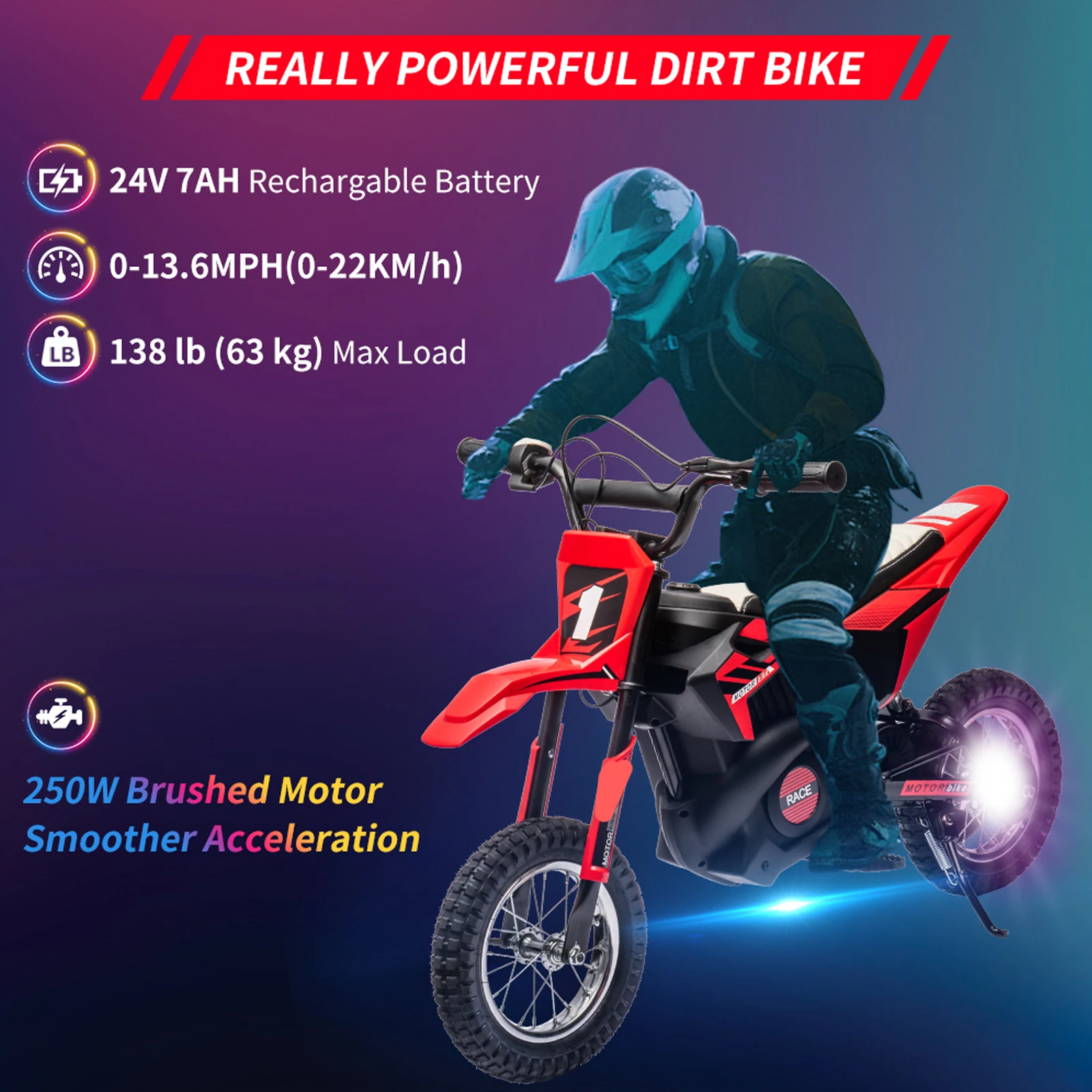 24V 7ah Kids Ride on Motorcycle 13.6MPH Fast Speed Electric Battery-Powered Off-Road Motocross with 250W Strong Motor Chain-Driv