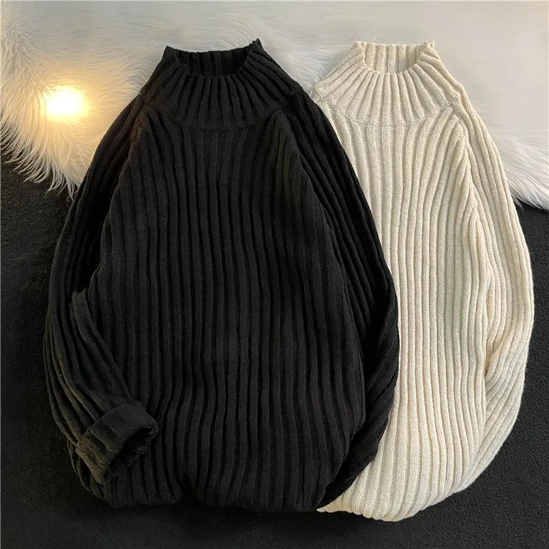 Solid Color Sweater for Boys in Autumn and Winter Thick Semi High Neck Knitted Sweater Loose and Versatile Casual Trend